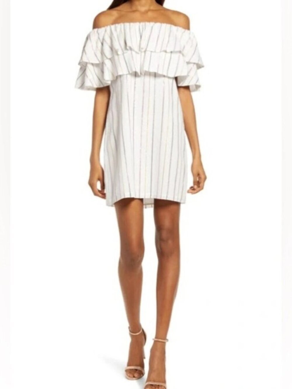 Charles Henry Off Shoulder Ruffle Metallic Stripe Shift Dress White Women's M